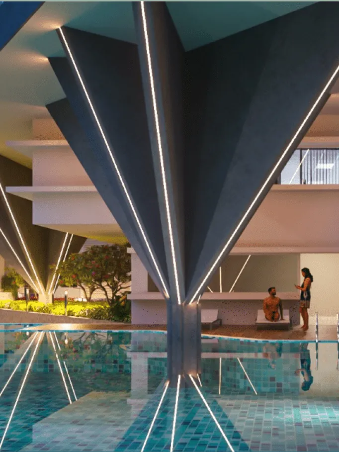 Hallmark Pinnacle, Pati, artistic impression A swimming pool beneath the sculpted columns of the clubhouse at Hallmark Pinnacle, at dusk