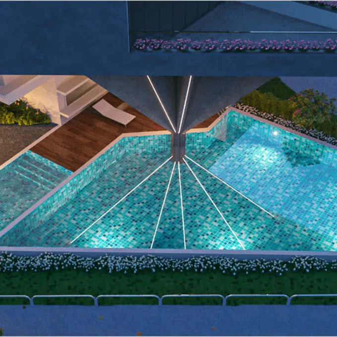 Hallmark Pinnacle, Pati, artistic impression A lit swimming pool among gardens at Hallmark Pinnacle, at dusk