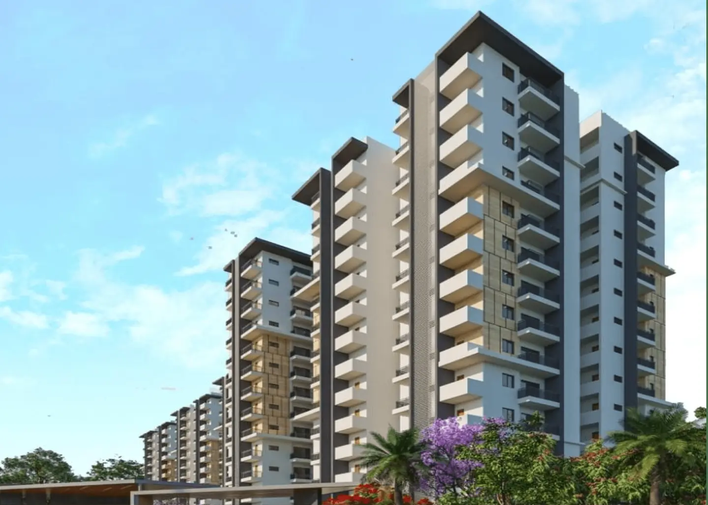 Hallmark Pinnacle, Pati, artistic impression Apartment towers rising above palms and flowering gardens at Hallmark Pinnacle